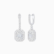 Art Deco Style Emerald - Cut Drop Diamond Earrings with Baguette Halo - Shahin Jewelry